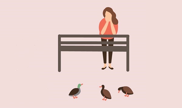 Illustration of a woman leaning on a railing looking at 3 ducks
